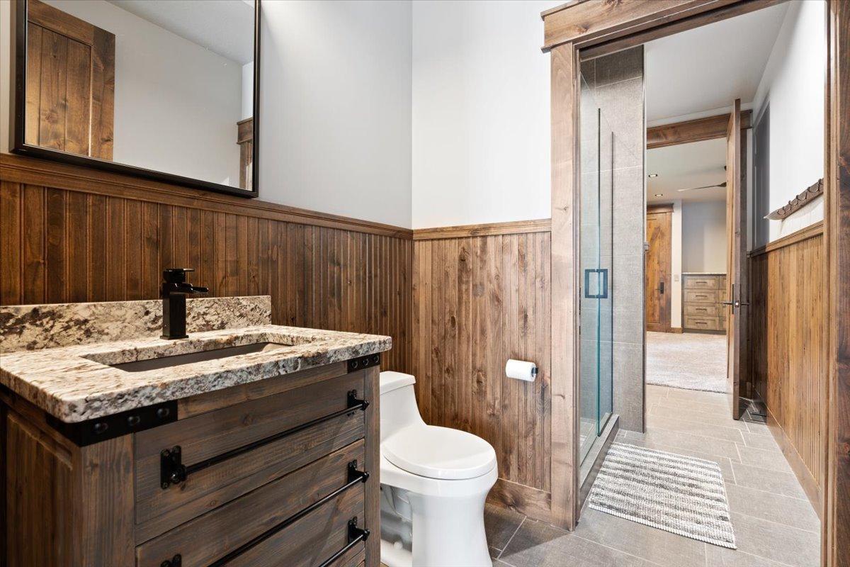 Lower level bathroom located just off the patio.