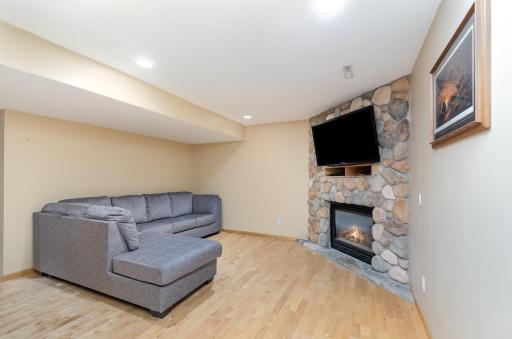 Lower level family room with floor to ceiling stone and gas fireplace.