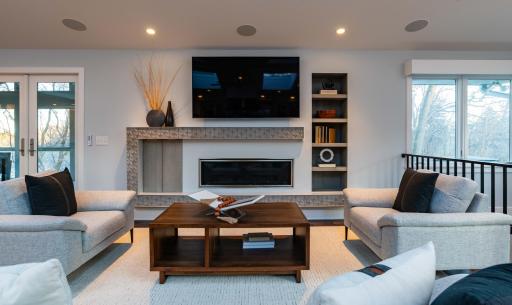 great room gas fireplace with custom built-ins