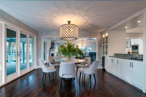refinished solid walnut scraped wood floors throughout living area
