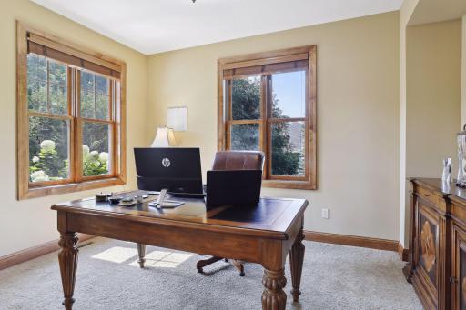To the left of the foyer and through the columns is the main floor office or flex room. A terrific space with views of the front yard.