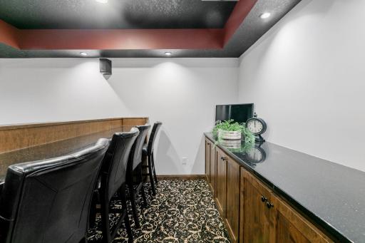 Movie theater has built-in alder cabinets & raised bar w/ quartz countertops