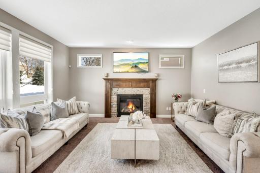 Spacious Family room Gas Fireplace Stone face with Custom Wood surround 3 Large north facing windows and privacy east facing abundant daylight