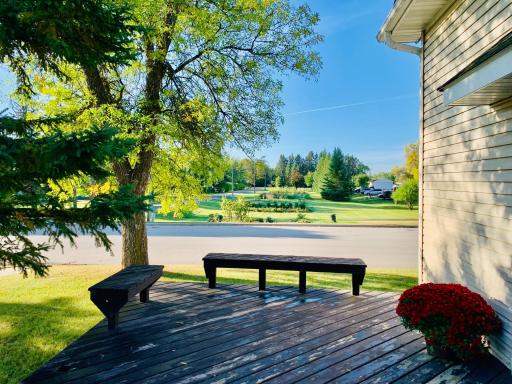 Front porch overlooking community gardens