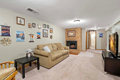 Lower level features a fireplace, 3/4 spacious bathroom, and built ins perfect for displaying memorabilia.