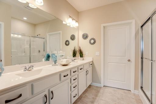 Large primary en suite with double vanity, quartz countertops, linen closet and private water closet.