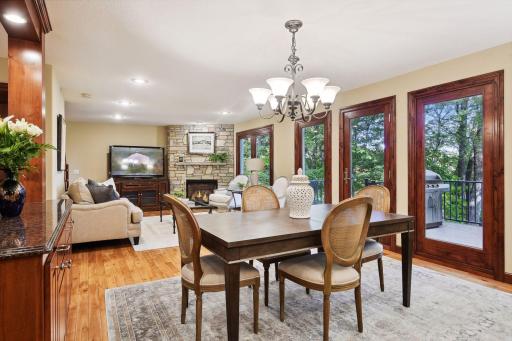 The kitchen flows into the living and dining areas
