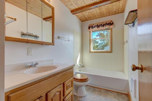 The main floor bathroom has a tub with showerhead extension