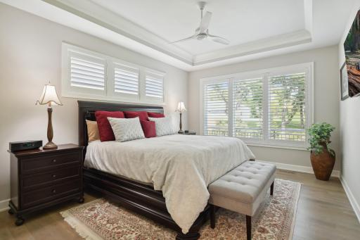 Main floor primary suite enjoys natural light, tray ceiling, wood floors and ceiling fan and plantation shutters.