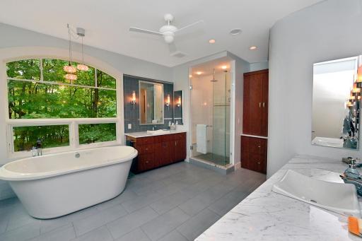 spacious bedroom bath, heated floors, sea-glass tiling