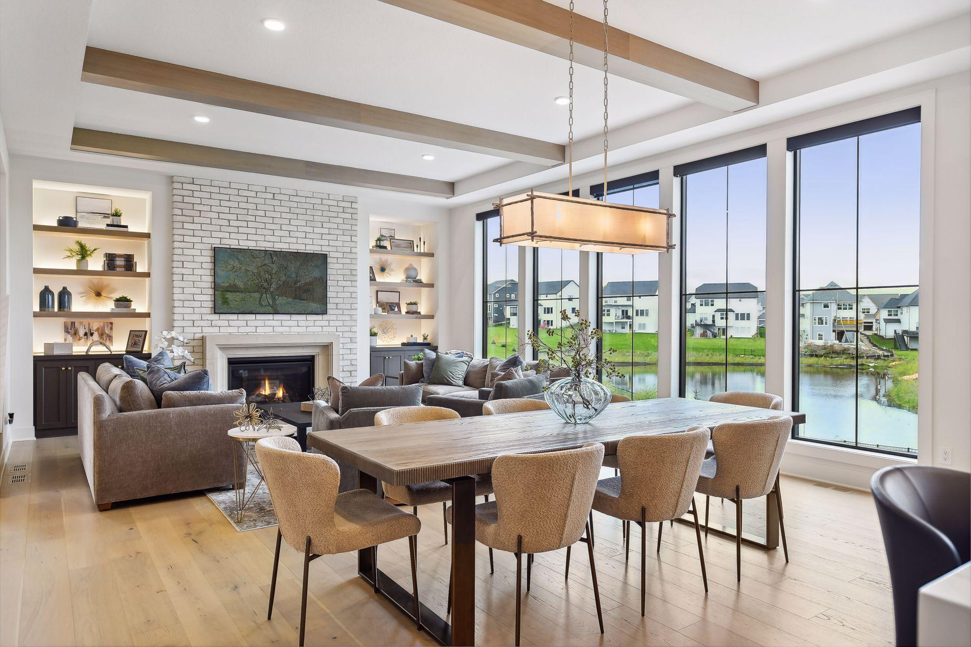 Shelving and cabinet storage flank the fireplace