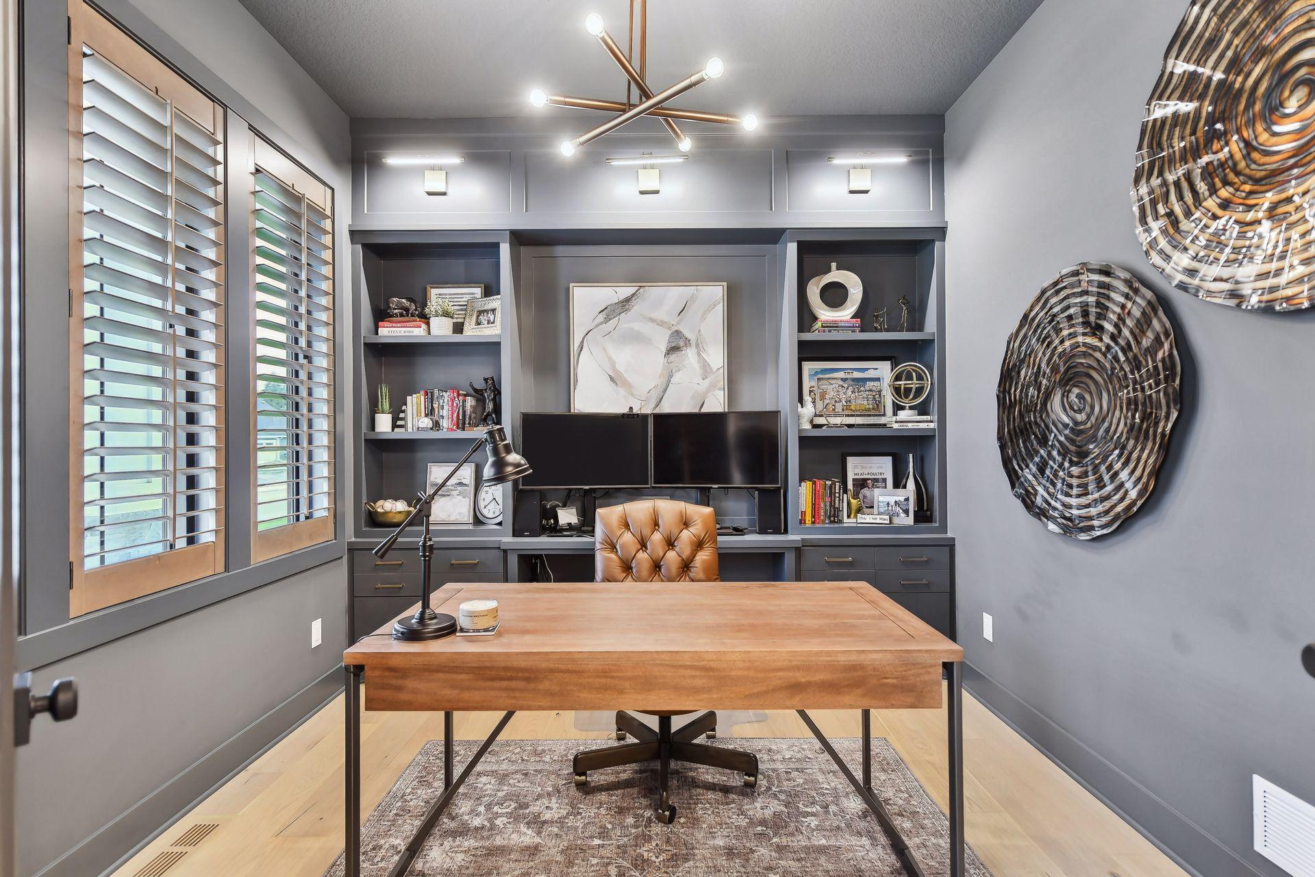 Main floor study with custom built in cabinetry