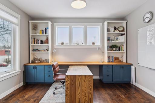 Home office with custom built ins, desk is moveable and fits right under the counter!
