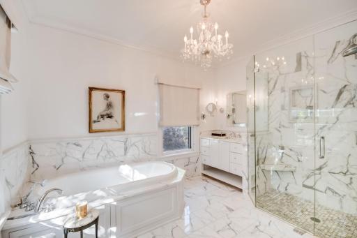 heated marble floors and spacious tub and shower