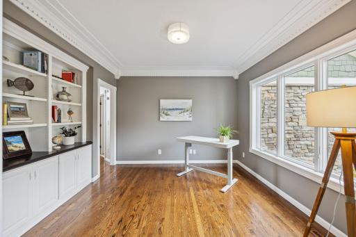 Front office, with nice shelving and cabinetry and detailed dental coving.
