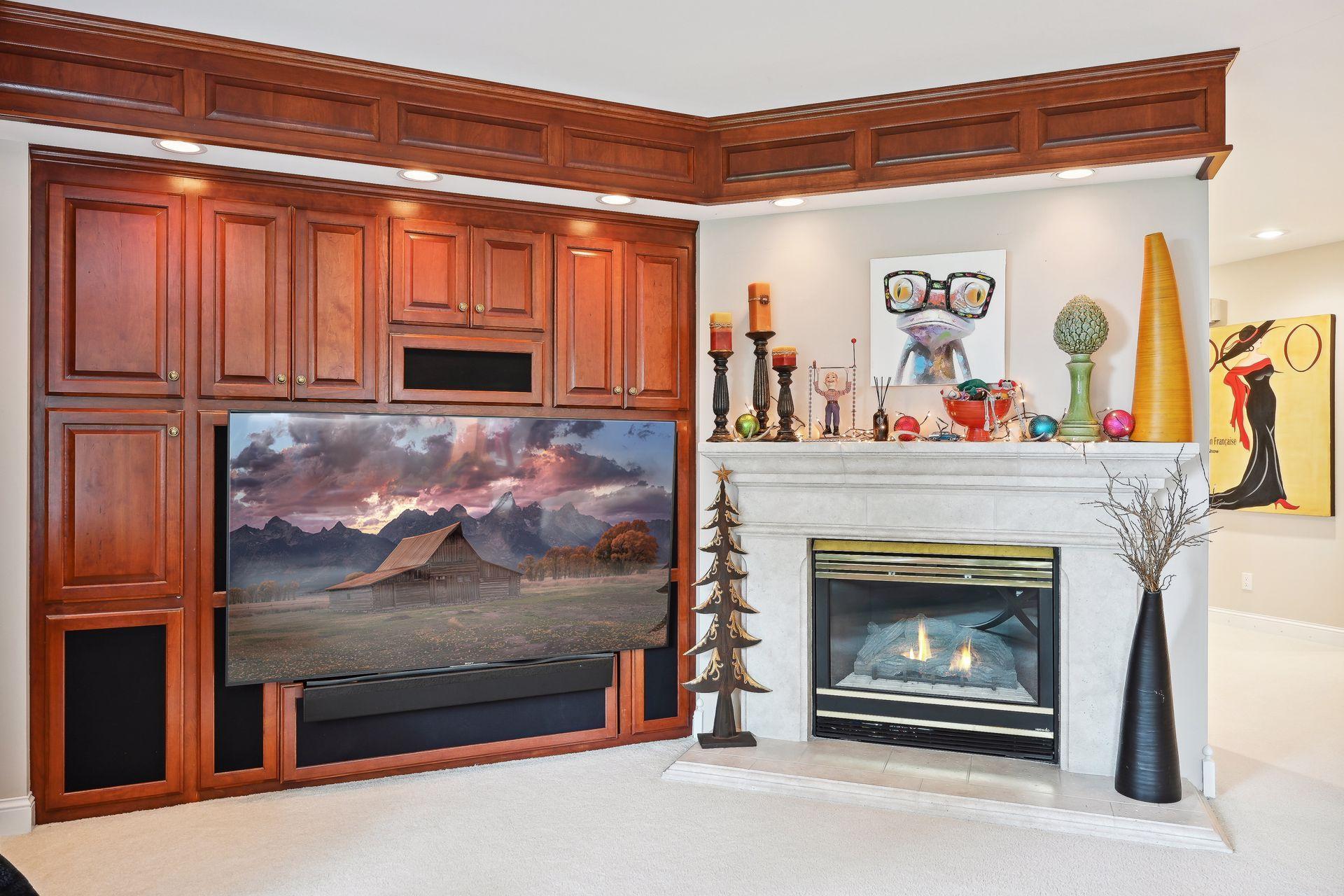 Gather around for a cozy movie night as the fire burns.