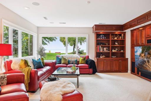 Lower-level living room is drenched in daylight, overlooking private backyard. Custom media center for movies, gaming, library & storage.