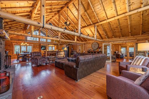 Great room with reclaimed douglas fir plank flooring.
