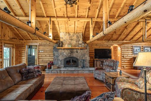 Wood burning rock fire place in the great room.