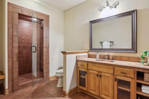 The lower level bathroom features a steam shower!