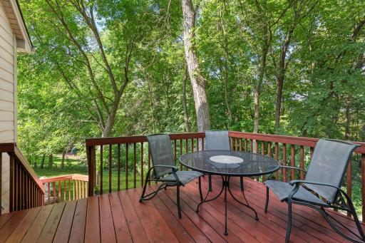 Deck off the dining overlooks wooded yard and Rice Marsh Park trails