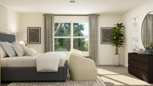 Rendering of NEW Berkley plan! Located on the upper level, this luxurious owner’s suite featuring a private bath and walk-in closet. Perfect for your storage needs and staying organized! (Virtual rendering of home, finishes will vary)