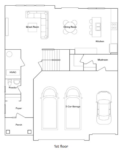 First floor rendering of our new BERKLEY floor plan! Open concept throughout with spacious 3 car garage, mud room and half bath on main level.