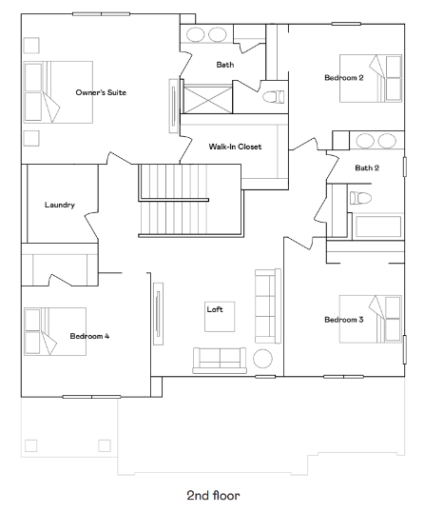 Second floor rendering of our new BERKLEY floor plan! Spacious upper level with loft, laundry and 4 bedrooms.