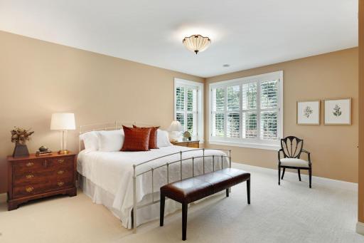 All lower level bedrooms are large. This one has a walk-in closet and plantation shutters.