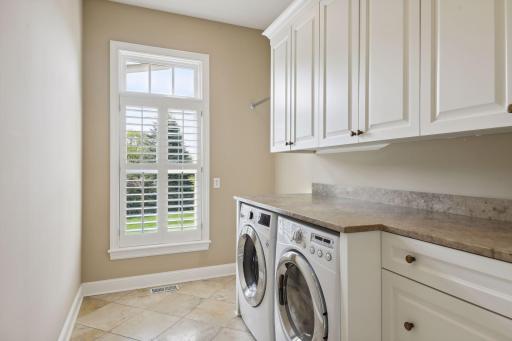 Main floor laundry room with plenty of storage. Lower level has a rough in for washer and dryer.