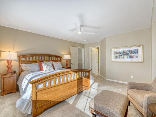 The primary suite has a walk-in closet and spa-like bath.