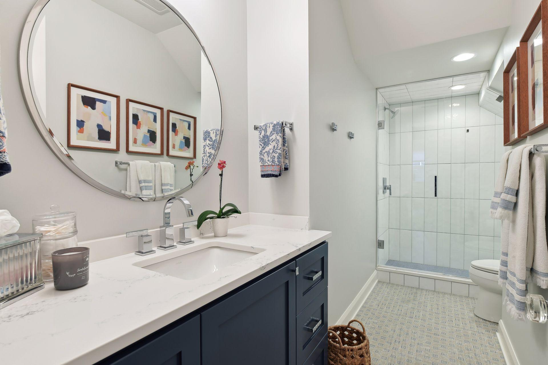 The lower-level 3/4 guest bathroom.