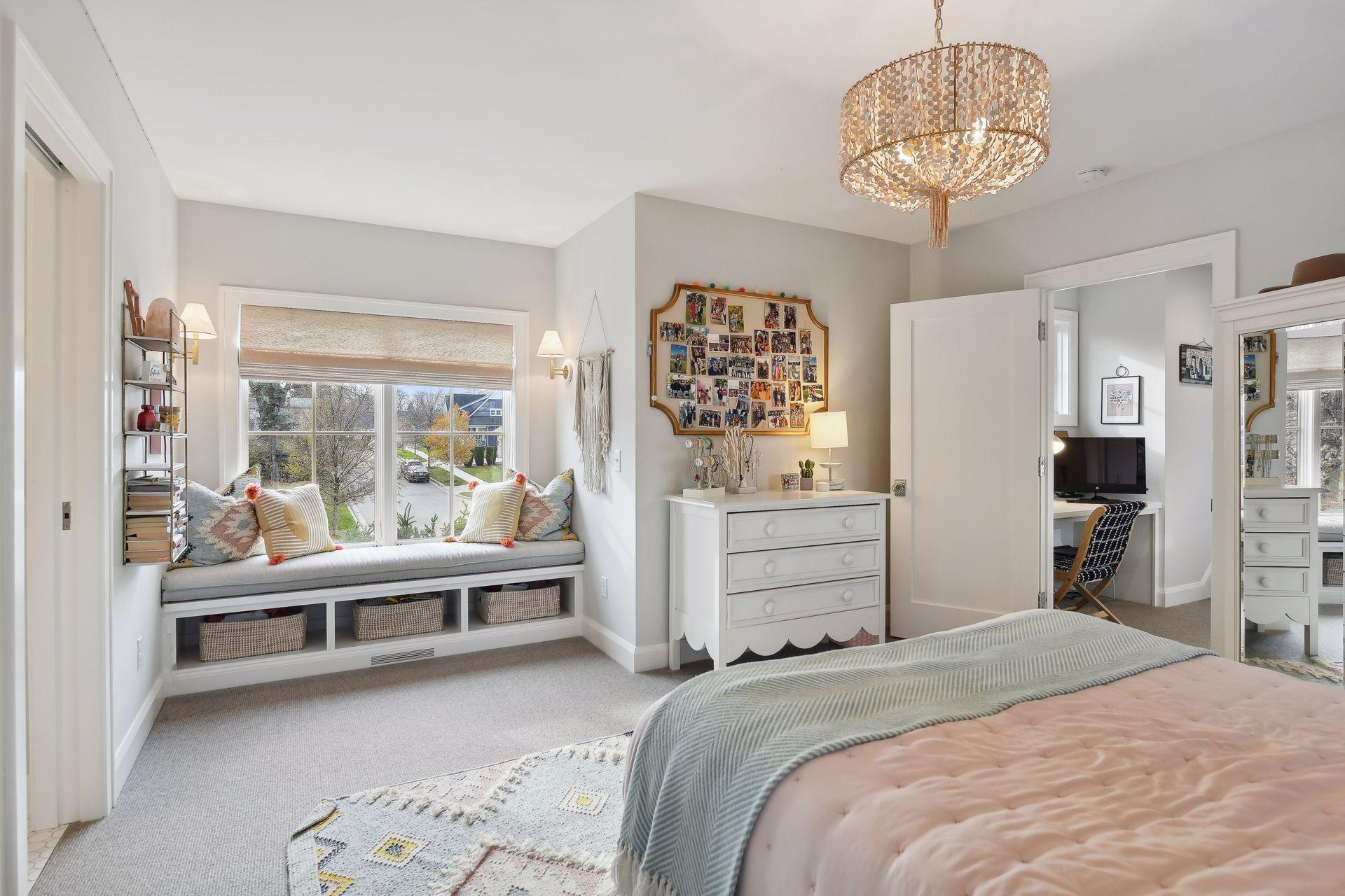 Bedroom #3 with built-in bench/reading nook, 3/4 bath, and large walk-in closet.