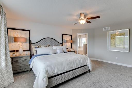 An oasis of its own, the primary suite offers the perfect escape. Windows will overlook the backyard, and there's immediate access to a private bathroom that features a TWO walk-in closets!! Photo of model home, color and options will vary.