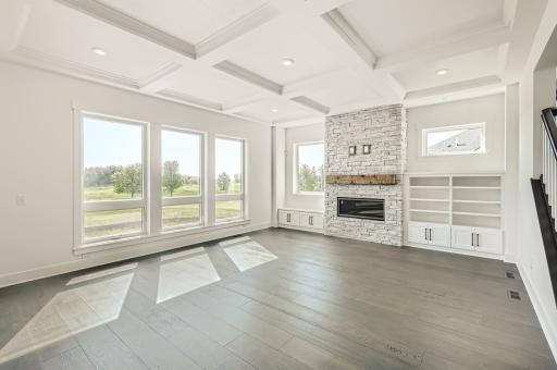 10' ceilings with coffer, expansive Andersen windows,custom built in cabinetry and a linear stone fireplace complete this beautiful picture!