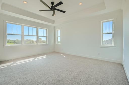 The owner's suite and all bedrooms have this beautiful ceiling fan installed with a remote. Upgraded carpet and pad and beautiful moulding!