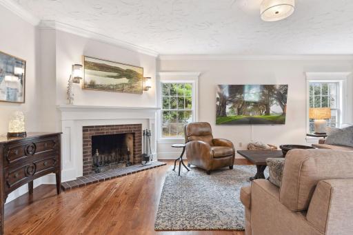 Cozy, woodburning family room fireplace -