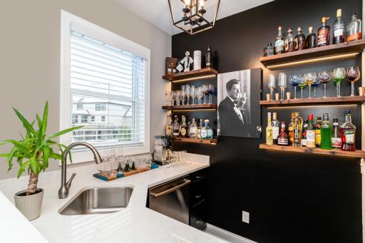 New Wet Bar with Custom Shelving and Quartz Counter Tops.