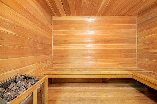 The lower level 3/4 bathroom features a tile shower and separate sauna space.