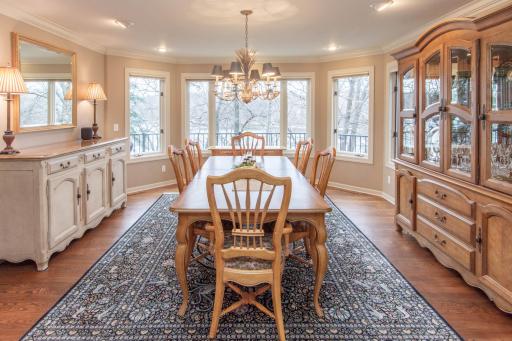 Lakeside Dining Room with Ash Hardwood Floors & Bay Windows