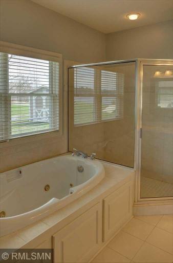 Large Jacuzzi tub and tiled shower in the owner's suite.