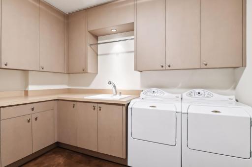 Laundry room in lower level; main level features washer/dryer tucked in closet space near back hall