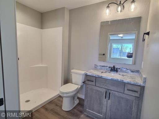 Private bath with walk in shower, granite counter top and vinyl plank flooring.