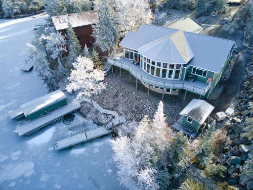 Aerial view of the house and docking area.