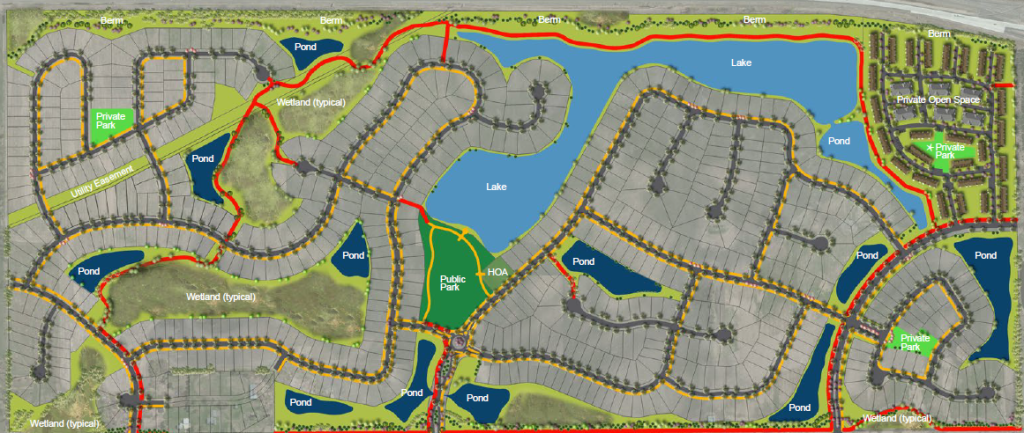 Watermark features a large central lake with walking paths interconnecting to the many community parks and upcoming club house. (artist rendering)
