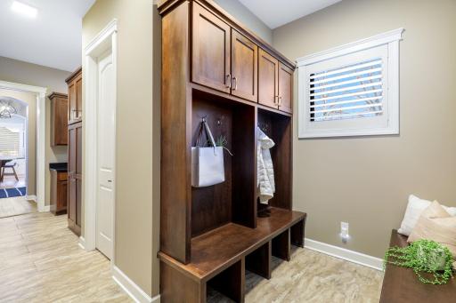 Mudroom with custom built lockers and bench