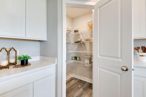 This corner pantry gives you plenty of room for all of your family's fuel! (Model home, colors will vary)