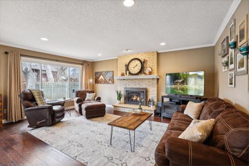 Large main level living room with newer gas fireplace
