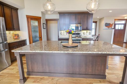 The Center island area has an inset for bar stools.