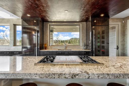 A stunning chef’s kitchen features wall to wall windows, 2 built-in refrigerators, 2 sinks,
a center island range with a ceiling mounted, recessed range hood, double oven, abundant granite
countertop space including a massive center island.